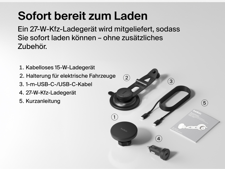 Belkin BoostCharge Magnetic Wireless Charging Car Vent Mount shown with all in-box items including 15W charger, vent mount, 27W car adapter, 1m USB-C cable, and quick start guide.