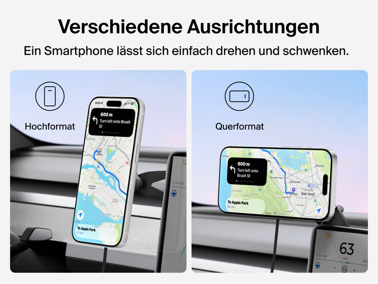 Belkin BoostCharge Magnetic Wireless Charging Car Vent Mount shown in portrait and landscape modes with 360&deg; rotation and 30&deg; tilt for adjustable in-car phone viewing.