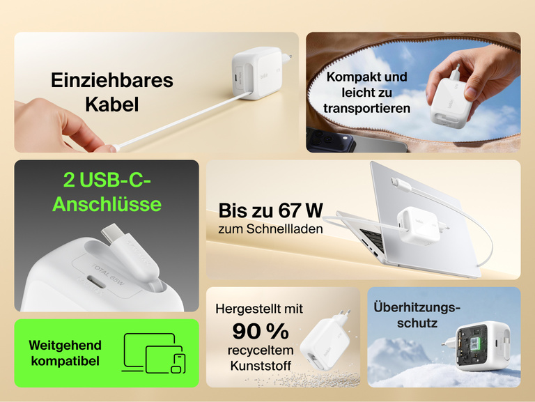 Belkin UltraCharge GaN-Ladeger&auml;t (67&nbsp;W) mit integriertem, einziehbarem USB-C-Kabel, zwei USB-Anschl&uuml;ssen, schnellem Laden mit bis zu 67 W, kompaktem Design f&uuml;r unterwegs, breiter Kompatibilit&auml;t und &Uuml;berhitzungsschutz.