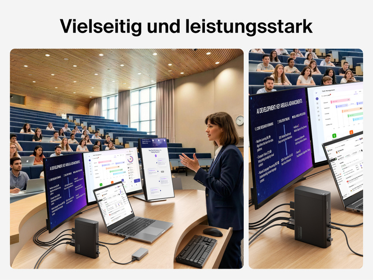 Ein Pr&auml;sentator verbindet einen Laptop &uuml;ber eine USB-C-Docking-Station mit mehreren Bildschirmen. Daneben befindet sich eine Gro&szlig;aufnahme des Docks, das an Monitore und Peripherieger&auml;te angeschlossen ist und die vielf&auml;ltigen Konnektivit&auml;tsoptionen &uuml;ber verschiedene Ger&auml;te hinweg veranschaulicht.