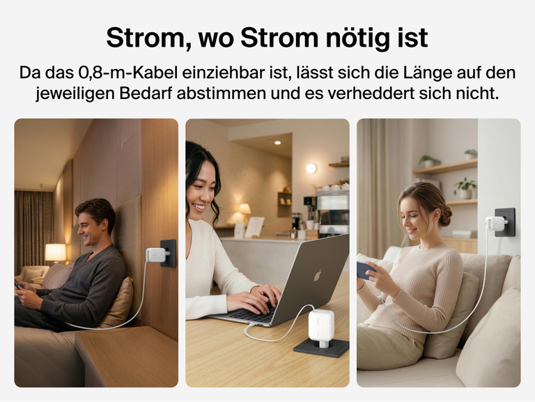 Das Belkin UltraCharge GaN-Ladeger&auml;t (45&nbsp;W) liefert mit seinem integrierten, einziehbaren Kabel bis zu 45&nbsp;W zum schnellen Laden eines Smartphones von 0 auf 50&nbsp;%