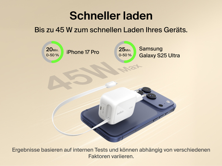 Eine &Uuml;bersicht des Belkin UltraCharge GaN-Ladeger&auml;ts (45&nbsp;W) mit einziehbarem Kabel in Bezug auf Robustheit: mindestens 20.000 Ein-/Ausziehzyklen, 10.000 Biegezyklen, 10.000 Steckzyklen und Zugfestigkeit bis 10&nbsp;kg