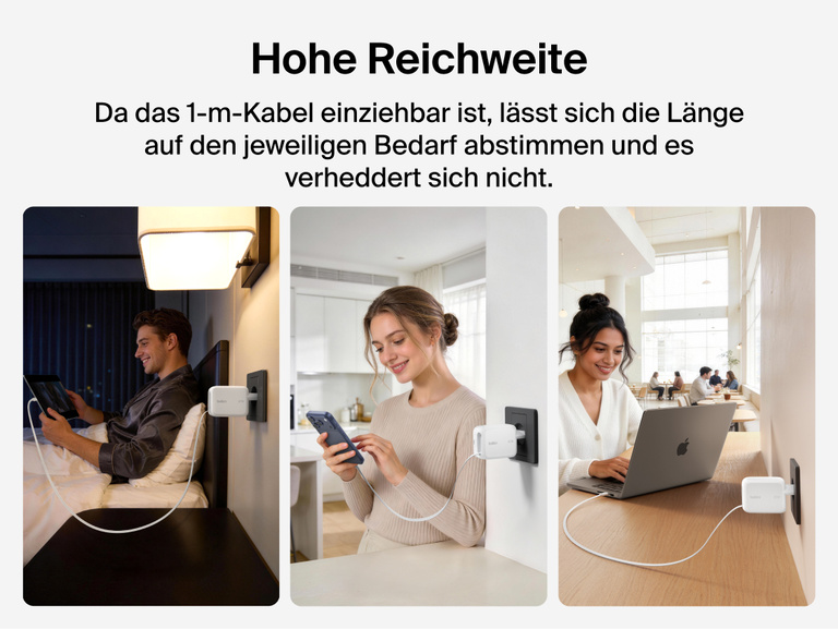 Belkin UltraCharge GaN-Ladeger&auml;t (67&nbsp;W) mit integriertem, einziehbarem USB-C-Kabel, das Ger&auml;te im Schlafzimmer, in der K&uuml;che und an Arbeitspl&auml;tzen &uuml;ber die Steckdose mit Strom versorgt.