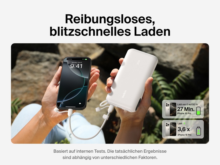 Die Belkin BoostCharge Powerbank 20K mit Display wird gezeigt, die ein iPhone 16 Pro in 27 Minuten von 0 auf 50 % auflädt und damit bis zu 3,6 vollständige Aufladungen liefert; ideal für einen langen Betrieb unterwegs.