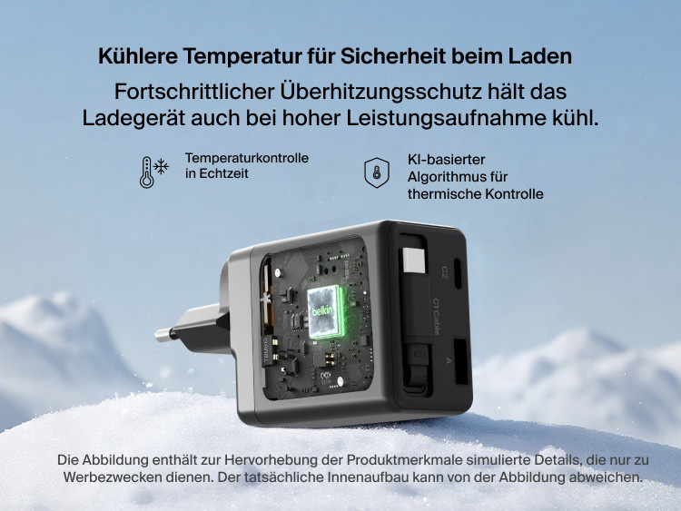 Ein an einen Laptop angeschlossenes BoostCharge Pro 3-Port-GaN-Ladeger&auml;t (100&nbsp;W), das die USB-C PD 3.1-Technologie f&uuml;r schnelles, effizientes und sicheres Laden mittels Power Delivery nutzt.