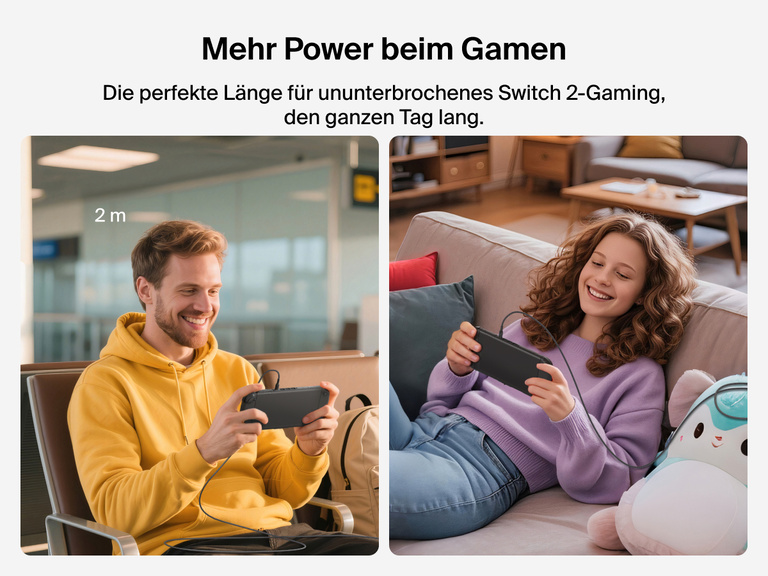 Das Belkin Gaming USB-C-zu-USB-C-Kabel (60 W) für die Nintendo Switch 2 mit einer Länge von 2 m ermöglicht einen unterbrechungsfreien Ladevorgang und sorgt für ein entspanntes Spieleerlebnis zu Hause oder unterwegs.