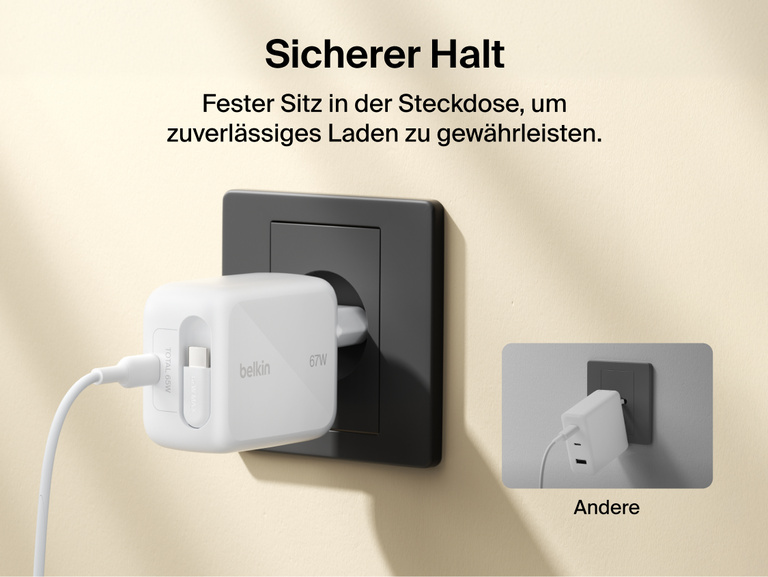 Belkin UltraCharge GaN-Ladeger&auml;t (67&nbsp;W) mit einziehbarem Kabel, das sicher in eine Steckdose gesteckt ist, mit integriertem einziehbarem USB- Kabel f&uuml;r ein stabiles, zuverl&auml;ssiges Schnellladen.