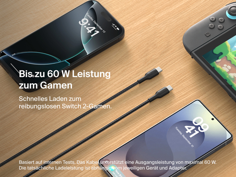 Das Belkin Gaming USB-C-zu-USB-C-Kabel (60 W) bietet eine schnelle, leistungsstarke Stromversorgung für die Nintendo Switch 2, Smartphones und USB-C-Geräte und unterstützt eine Ladeleistung von bis zu 60 Watt.