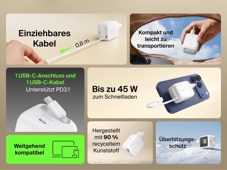 Belkin UltraCharge GaN-Ladeger&auml;t (45&nbsp;W) mit integriertem, einziehbarem 0,7-m-USB-C-Kabel, USB-C-Anschluss, Schnellladefunktion, kompaktem Design und &Uuml;berhitzungsschutz