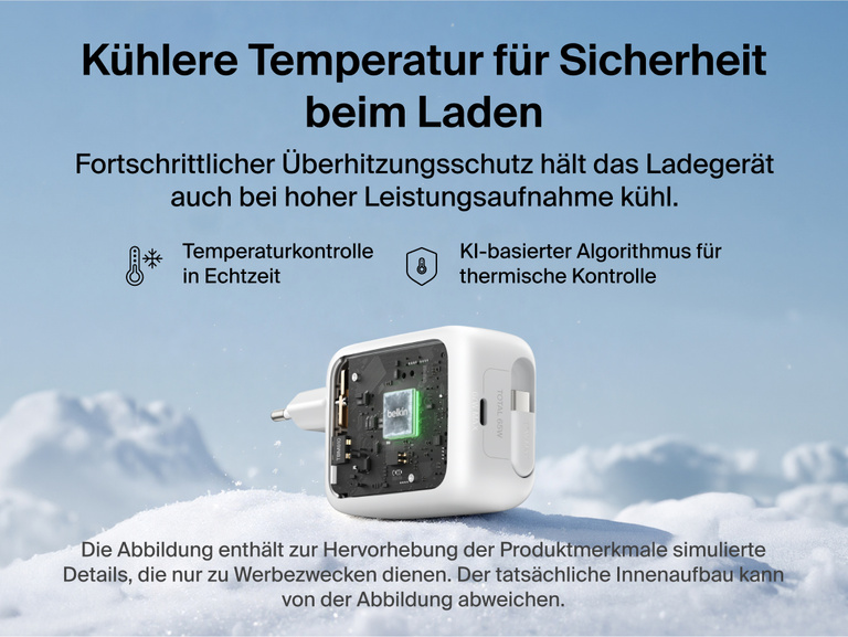 Belkin UltraCharge GaN-Ladeger&auml;t (67&nbsp;W) mit integriertem, einziehbarem USB-C-Kabel, technisch ausgereiftem Temperaturmanagement, Temperaturkontrolle in Echtzeit und KI-gest&uuml;tzter K&uuml;hlung f&uuml;r sichereres Schnellladen.