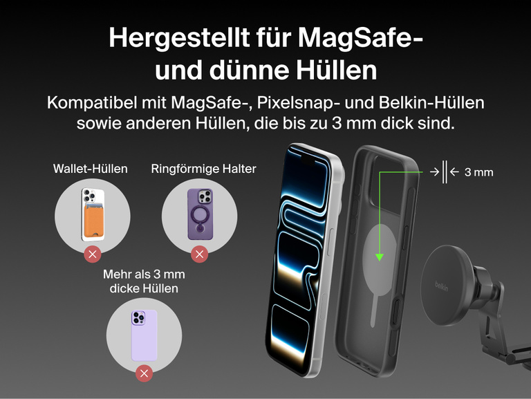 Belkin BoostCharge Magnetic Wireless Charging Car Vent Mount shown compatible with MagSafe, Pixelsnap, and thin Belkin cases up to 3mm, with wallet cases, thick cases, and ring grips not supported.