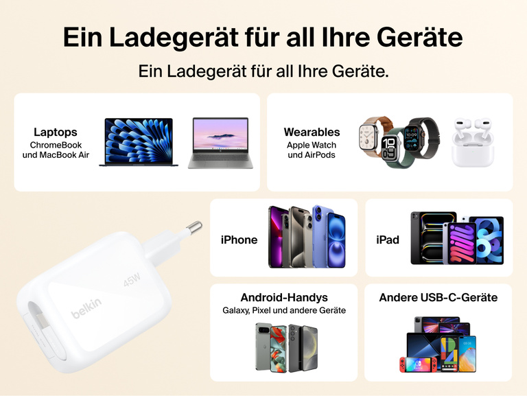 Das Belkin UltraCharge GaN-Ladeger&auml;t (45&nbsp;W), das mit dem integrierten, einziehbaren USB-C-Kabel Kabelgewirr reduziert, wird im Reisegep&auml;ck gezeigt