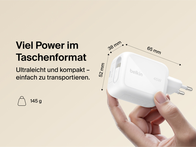 Das Belkin UltraCharge GaN-Ladeger&auml;t (45&nbsp;W) mit einziehbarem Kabel verf&uuml;gt &uuml;ber GaN-Technologie und erm&ouml;glicht dank besserer Energieeffizienz und weniger W&auml;rmeentwicklung schnelleres, effizienteres Laden