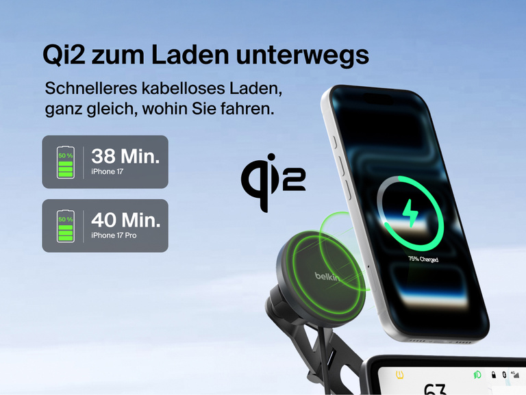 Belkin BoostCharge Magnetic Wireless Charging Car Vent Mount shown wirelessly charging a phone with Qi2 fast charging in a vehicle, highlighting quick 0&ndash;50% charge times for iPhone 17 and iPhone 17 Pro.