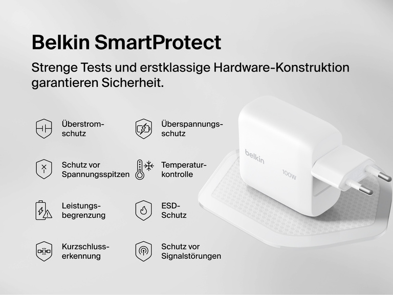 BoostCharge USB-C GaN Wall Charger 100W with Belkin SmartProtect safety features including overcurrent, overvoltage, surge, temperature, and short-circuit protection for reliable device charging