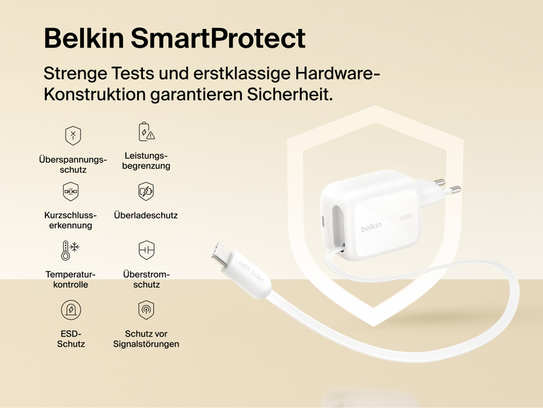 Das Belkin UltraCharge GaN-Ladeger&auml;t (45&nbsp;W), mit einziehbarem Kabel ist mit SmartProtect Sicherheitsfunktionen versehen. Dazu z&auml;hlen Schutz vor &Uuml;berspannungen, Spannungsspitzen, hoher Temperatur und Kurzschluss