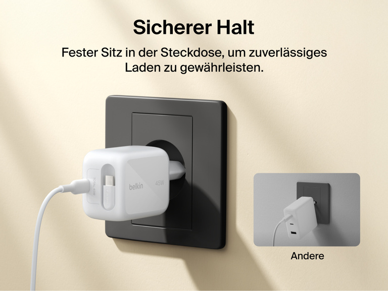 Dank universeller Kompatibilit&auml;t eignet sich das Belkin UltraCharge GaN-Ladeger&auml;t (45&nbsp;W) mit einziehbarem Kabel zum Laden von USB-C-Ger&auml;ten wie iPhone, Android-Smartphones und iPads, Laptops und Wearables