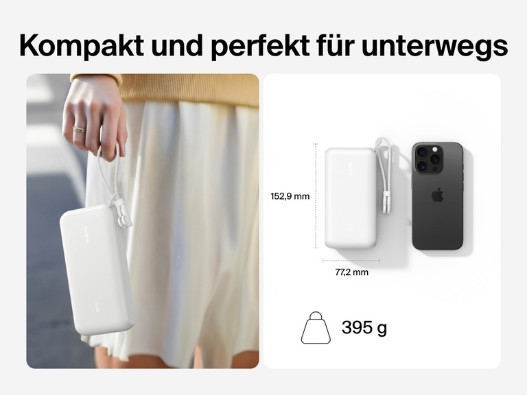 Die Belkin BoostCharge Powerbank 20K mit Display wird in einer Hand und neben einem Smartphone gezeigt, um das kompakte Format für unterwegs mit Abmessungen von 153 x 77 mm und dem leichten Gewicht von 395 g zu veranschaulichen.