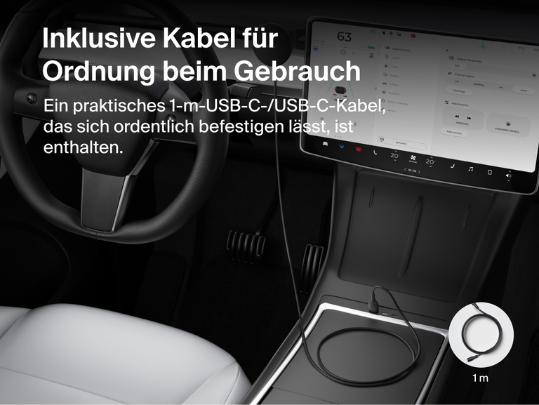 Belkin BoostCharge Magnetic Wireless Charging Car Vent Mount shown installed in a vehicle with the included 3.3 ft/1m USB-C to USB-C cable for a clean, easy-reach setup.