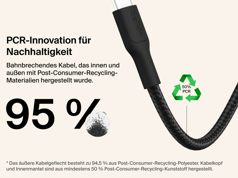 Das Belkin Gaming USB-C-zu-USB-C-Kabel (60 W) für die Nintendo Switch 2 ist nachhaltig gefertigt und besteht zu 95 % aus PCR-Materialien, u. a. aus geflochtenem Polyester und thermoplastischen Bauteilen.