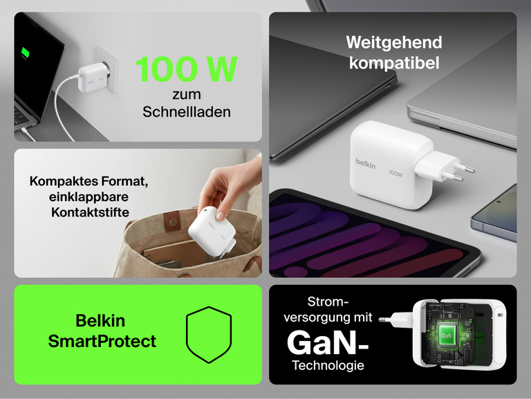 BoostCharge USB-C GaN Wall Charger 100W feature collage highlighting 100W fast charging, wide device compatibility, foldable prongs, Belkin SmartProtect, and GaN technology for compact high-performance charging