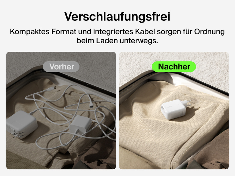 Belkin UltraCharge GaN-Ladeger&auml;t (67&nbsp;W) mit integriertem, einziehbarem USB-C-Kabel, das in einem Vergleich vor und nach der Reiseverpackung gezeigt wird, wodurch das kompakte Design zum Laden ohne Kabelgewirr hervorgehoben wird.