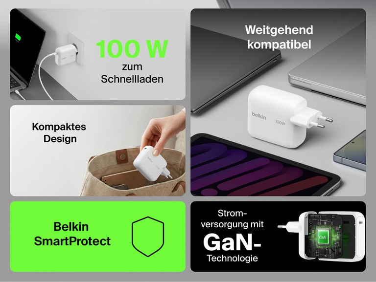 Belkin UltraCharge GaN-Ladeger&auml;t (45&nbsp;W) mit integriertem, einziehbarem 0,7-m-USB-C-Kabel, USB-C-Anschluss, Schnellladefunktion, kompaktem Design und &Uuml;berhitzungsschutz