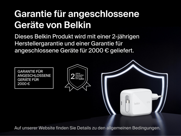 Belkin UltraCharge GaN-Ladeger&auml;t (67&nbsp;W) mit integriertem, einziehbarem USB-C-Kabel und Belkin Garantie f&uuml;r angeschlossene Ger&auml;te mit 2 Jahre Garantie und Ger&auml;teschutz.