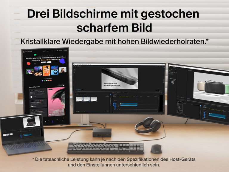 Arbeitsbereich bestehend aus einem Laptop, der &uuml;ber ein USB-C-Dock mit 3 Bildschirmen verbunden ist, auf denen Kreativ- und Produktivit&auml;tsanwendungen zu sehen sind. Besonders hervorgehoben werden die klare Grafik und die reibungslose Leistung.