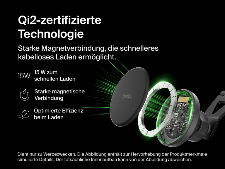Belkin BoostCharge Magnetic Wireless Charging Car Vent Mount shown with an exploded view of its Qi2-certified magnetic coil system highlighting 15W fast charging, strong magnetic connection, and optimized efficiency.