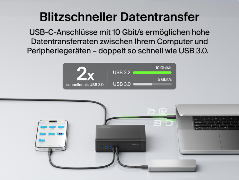 Eine USB-C-Docking-Station ist an einen Laptop und ein Smartphone angeschlossen und veranschaulicht die schnelle Daten&uuml;bertragung mit bis zu 10&nbsp;Gbit/s &uuml;ber USB-C-Anschl&uuml;sse (im Vergleich zu langsameren &Uuml;bertragungen per USB 3.0).