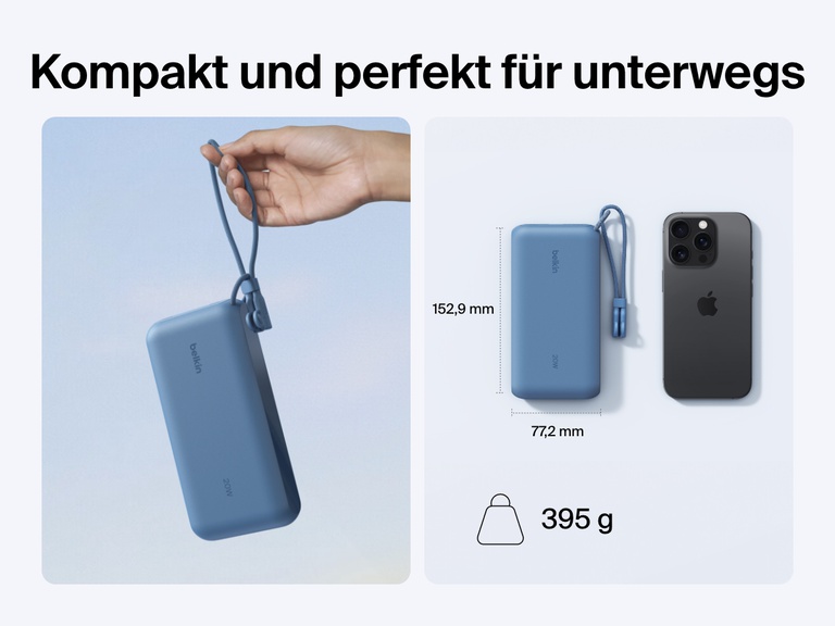 Die Belkin BoostCharge Powerbank 20K mit Display wird in einer Hand und neben einem Smartphone gezeigt, um das kompakte Format für unterwegs mit Abmessungen von 153 x 77 mm und dem leichten Gewicht von 395 g zu veranschaulichen.