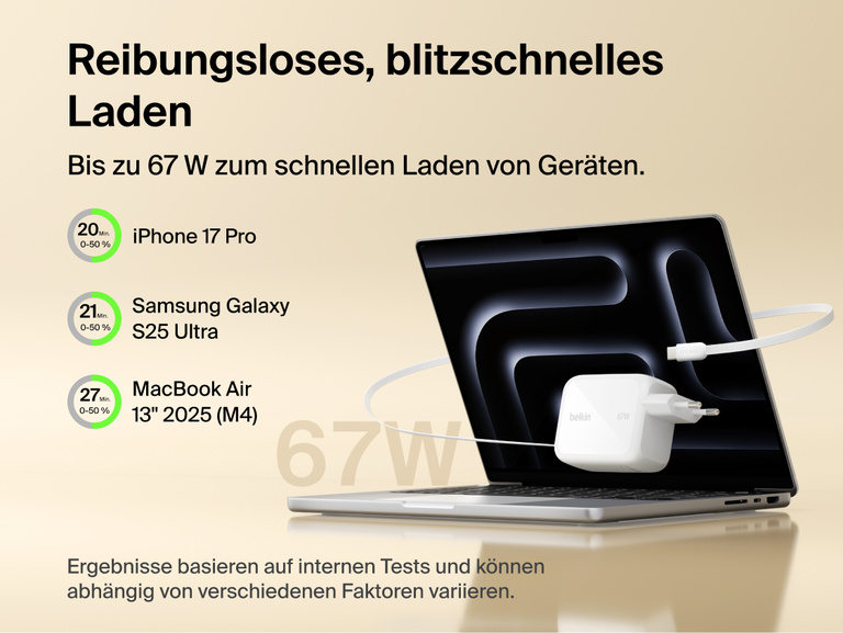 Belkin UltraCharge GaN-Ladeger&auml;t (67&nbsp;W) mit einziehbarem Kabel, das einen Laptop mit dem integrierten, einziehbaren USB-C-Kabel schnell und ein iPhone, Samsung Galaxy und MacBook extrem schnell aufl&auml;dt.