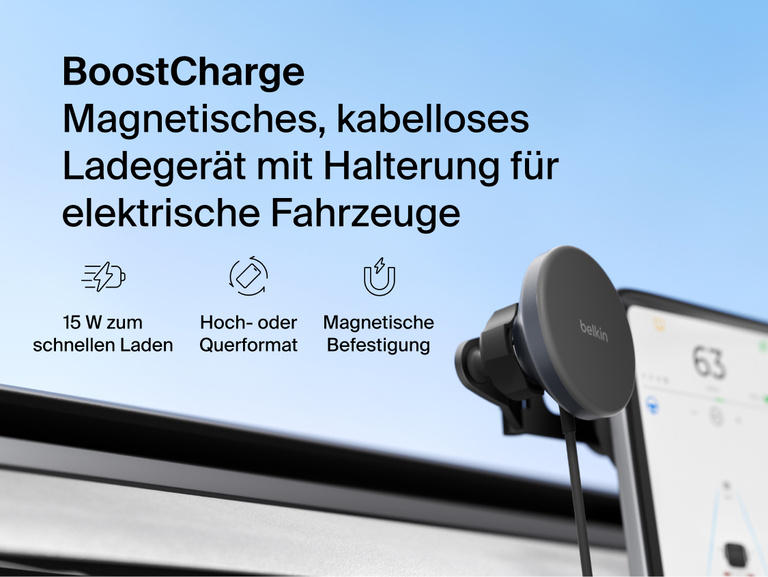 Belkin BoostCharge Magnetic Wireless Charging Car Vent Mount shown attached to a vehicle air vent with Qi2 15W fast charging and portrait- or landscape-ready magnetic phone placement.