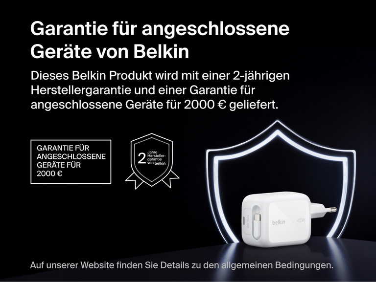 Belkin UltraCharge GaN-Ladeger&auml;t (45&nbsp;W) mit einziehbarem Kabel wird mit 2&nbsp;Jahre Herstellergarantie und einer Garantie f&uuml;r angeschlossene Ger&auml;te f&uuml;r 2.000&nbsp;&euro; zum Ger&auml;teschutz geliefert