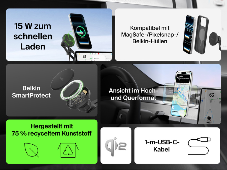 Belkin BoostCharge Magnetic Wireless Charging Car Vent Mount shown delivering Qi2 15W fast charging with MagSafe/Pixelsnap compatibility, portrait or landscape viewing, SmartProtect safety, and 75% recycled plastic design.