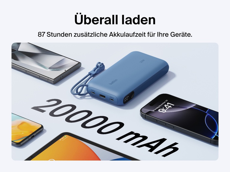 Es wird gezeigt, dass die Belkin BoostCharge Powerbank 20K mit Display mit einer Kapazität von 20.000 mAh für bis zu 87 Stunden zusätzliche Akkulaufzeit sorgt, dass sie ein kompaktes Format hat und mit einem abnehmbaren USB-C-Kabel zum Laden unterwegs versehen ist.