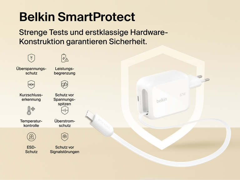 Belkin UltraCharge GaN-Ladeger&auml;t (67&nbsp;W) mit integriertem, einziehbarem USB-C-Kabel und SmartProtect Sicherheitssystem zum Schutz vor &Uuml;berspannungen, Spannungsspitzen, &Uuml;bertemperatur und Kurzschluss.