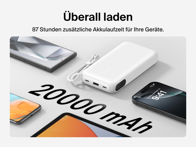 Es wird gezeigt, dass die Belkin BoostCharge Powerbank 20K mit Display mit einer Kapazität von 20.000 mAh für bis zu 87 Stunden zusätzliche Akkulaufzeit sorgt, dass sie ein kompaktes Format hat und mit einem abnehmbaren USB-C-Kabel zum Laden unterwegs versehen ist.