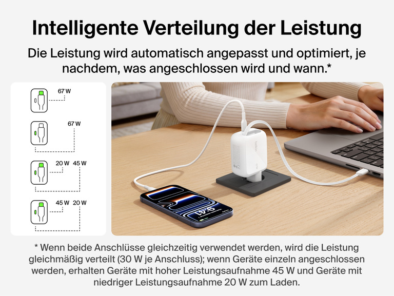 Belkin UltraCharge GaN-Ladeger&auml;t (67&nbsp;W) mit einziehbarem Kabel, das ein Laptop und ein Smartphone mit dem integrierten, einziehbaren USB-C-Kabel und intelligenter Dual-Port-Stromverteilung gleichzeitig aufl&auml;dt.