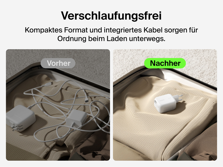 Belkin UltraCharge GaN-Ladeger&auml;t (45&nbsp;W) mit 0,7&nbsp;m langem, einziehbarem, verschlaufungsfreiem Kabel, das Ger&auml;te zu Hause und auf Reisen aufl&auml;dt