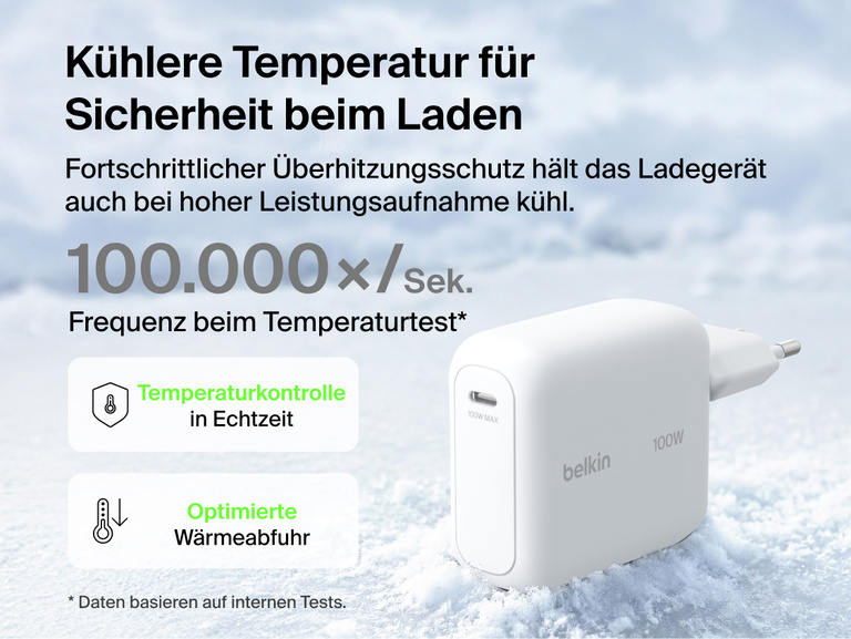 Eine &Uuml;bersicht des Belkin UltraCharge GaN-Ladeger&auml;ts (45&nbsp;W) mit einziehbarem Kabel in Bezug auf Robustheit: mindestens 20.000 Ein-/Ausziehzyklen, 10.000 Biegezyklen, 10.000 Steckzyklen und Zugfestigkeit bis 10&nbsp;kg