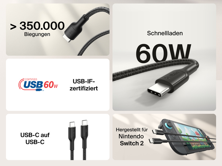 Das Belkin Gaming USB-C-zu-USB-C-Kabel (60 W) lädt die Nintendo Switch 2 in kürzester Zeit auf, hat eine Biegelebensdauer von über 350.000 Biegungen und ist USB-IF-zertifiziert.