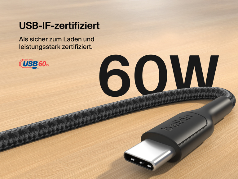 Das Belkin Gaming USB-C-zu-USB-C-Kabel (60 W) ist USB-IF-zertifiziert und garantiert sicheres, leistungsstarkes Laden der Nintendo Switch 2 und anderer USB-C-Geräte.