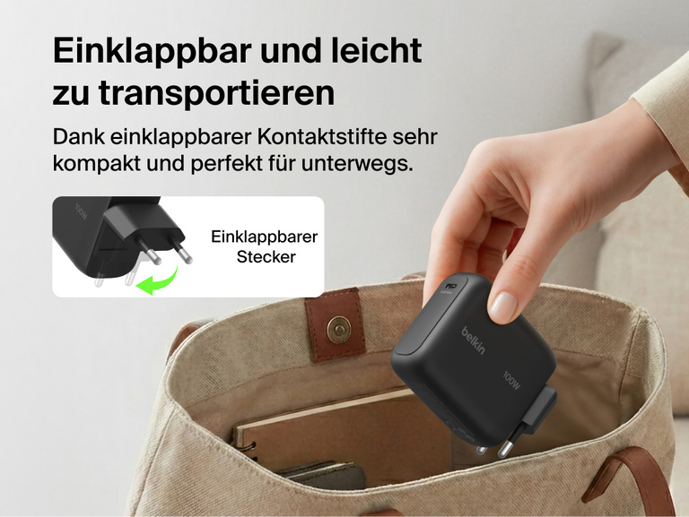 Das Belkin UltraCharge GaN-Ladeger&auml;t (45&nbsp;W) mit einziehbarem Kabel ist sicher an eine Wandsteckdose angeschlossen, um zuverl&auml;ssiges Schnellladen zu erm&ouml;glichen