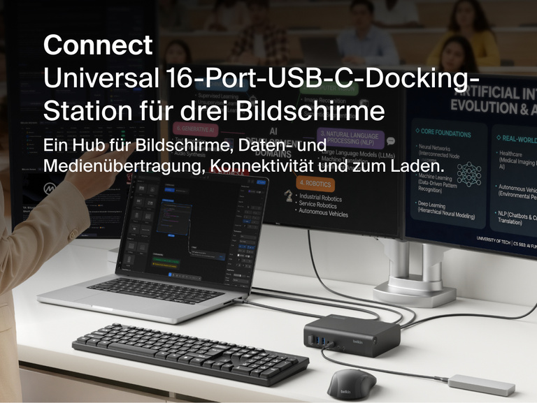 In einer Schreibtischumgebung ist ein Connect Universal 16-Port-USB-C-Dock f&uuml;r drei Bildschirme mit einem Laptop und mehreren Monitoren, die Arbeitsinhalte anzeigen, einer Tastatur und weiterem Zubeh&ouml;r verbunden. Dies veranschaulicht Produktivit&auml;t und mehrfache Bildschirmkonnektivit&auml;t.