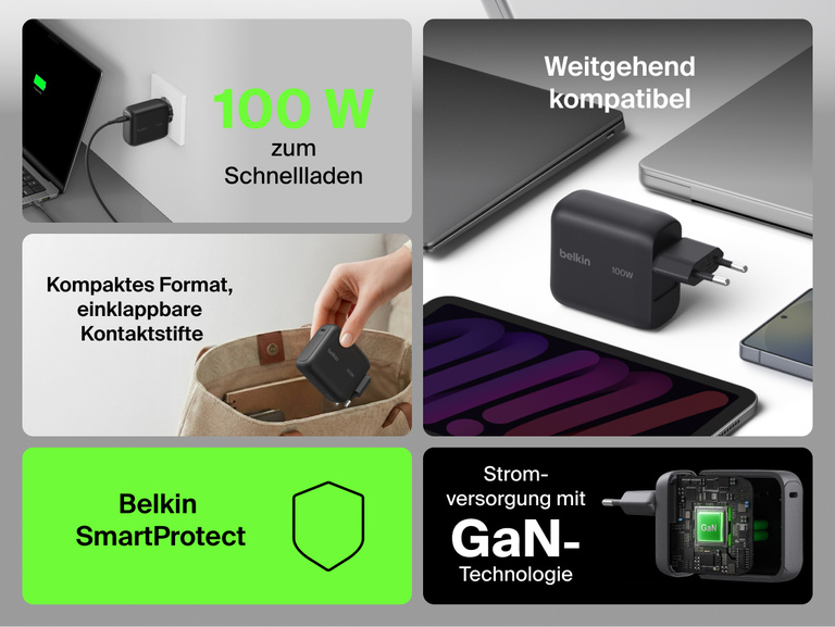 Belkin UltraCharge GaN-Ladeger&auml;t (45&nbsp;W) mit integriertem, einziehbarem 0,7-m-USB-C-Kabel, USB-C-Anschluss, Schnellladefunktion, kompaktem Design und &Uuml;berhitzungsschutz