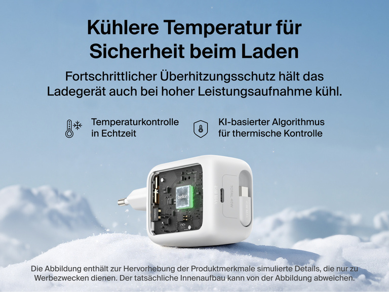 Belkin UltraCharge GaN-Ladeger&auml;t (45&nbsp;W) mit einziehbarem Kabel, technisch ausgereiftem Temperaturmanagement, Temperaturkontrolle in Echtzeit und KI-gest&uuml;tzter K&uuml;hlung f&uuml;r sichereres, effizienteres Schnellladen