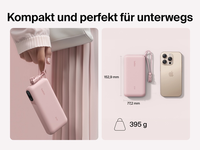 Die Belkin BoostCharge Powerbank 20K mit Display wird in einer Hand und neben einem Smartphone gezeigt, um das kompakte Format für unterwegs mit Abmessungen von 153 x 77 mm und dem leichten Gewicht von 395 g zu veranschaulichen.