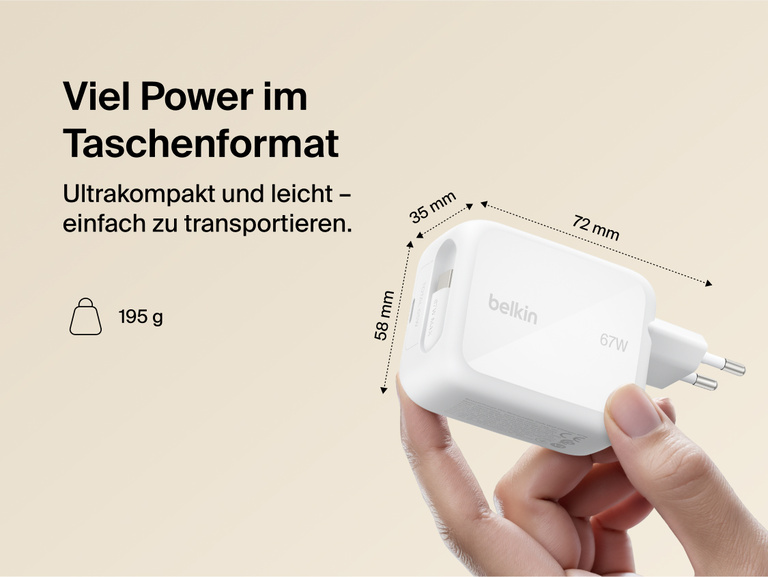 Belkin UltraCharge GaN-Ladeger&auml;t (67&nbsp;W) mit einziehbarem Kabel. Das kompakte Ladeger&auml;t zum schnellen Laden mit integriertem, einziehbarem USB-C-Kabel, einklappbaren Kontaktstiften und leichtem Design im Taschenformat ist ideal zum Laden unterwegs und im Alltag.